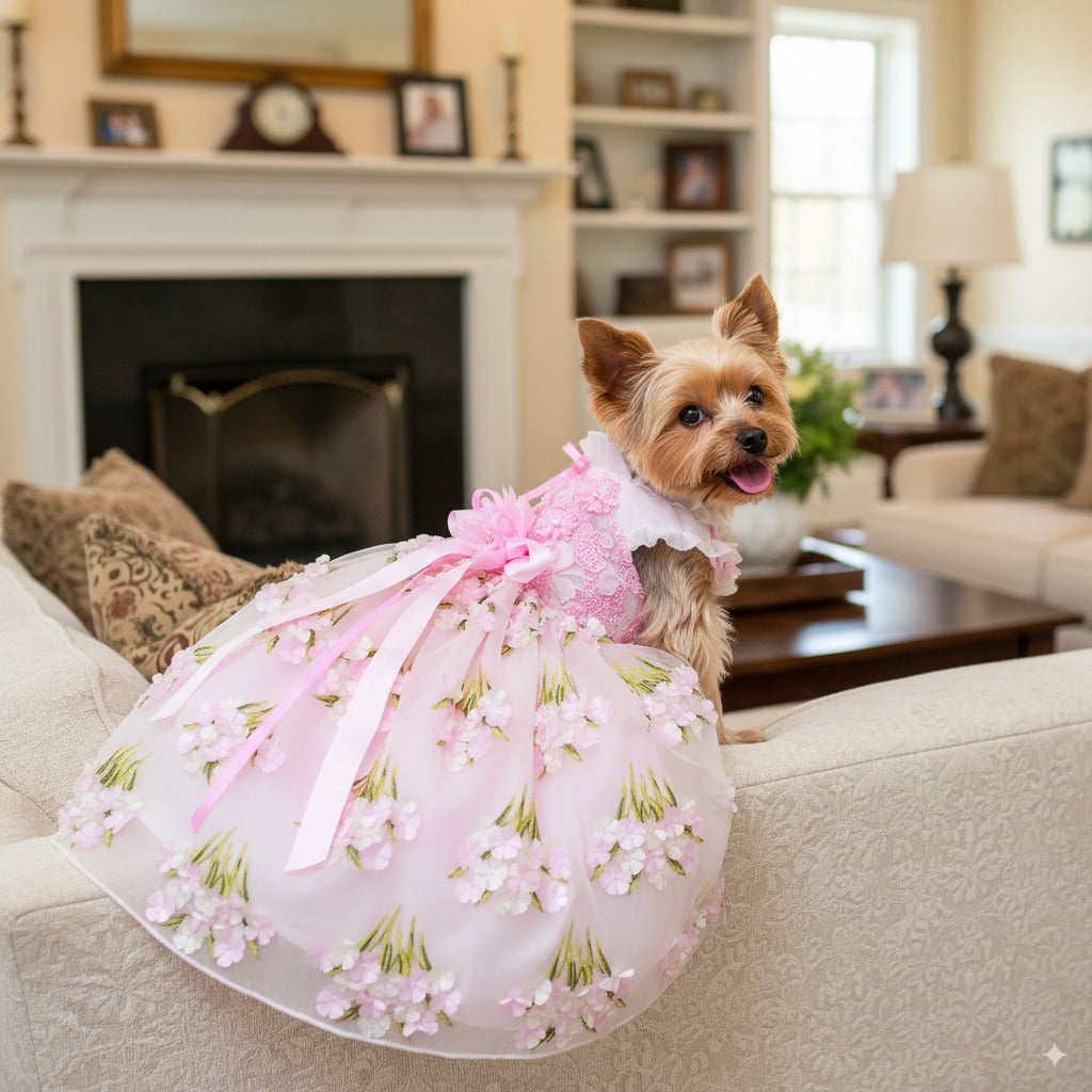 Pet Dress Pink Floral Tulle Gown with Bow