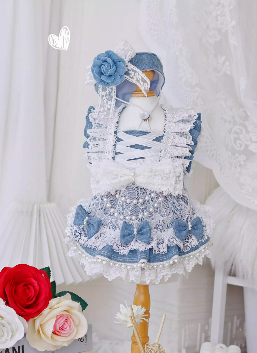 Pet Dress Lace Pearl Dog Outfit Elegant Blue