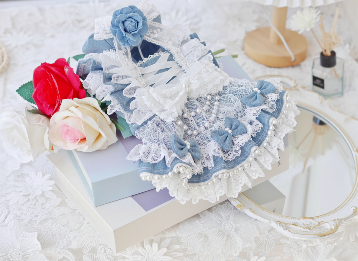Pet Dress Lace Pearl Dog Outfit Elegant Blue