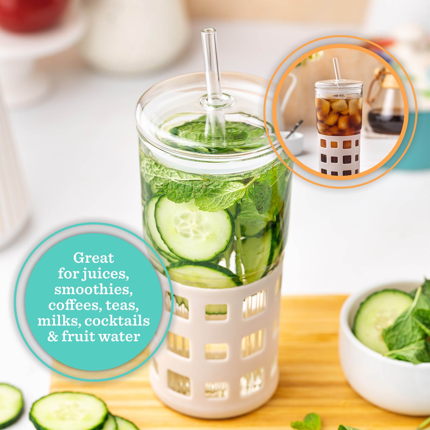 All Glass Juice Tumblers with Lid, Straw & Silicone Sleeve - 2 Pack Set, 20 oz