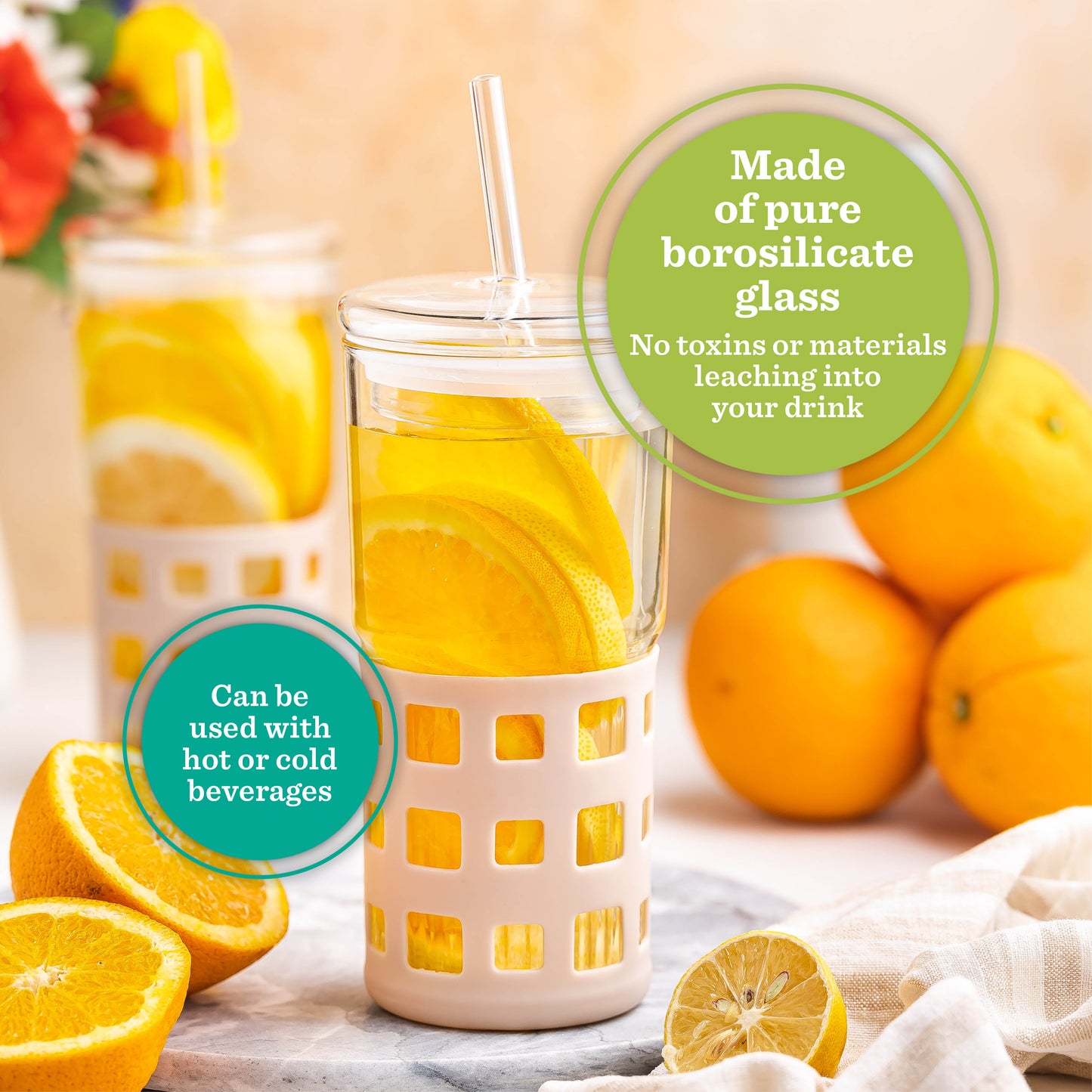 All Glass Juice Tumblers with Lid, Straw & Silicone Sleeve - 2 Pack Set, 20 oz