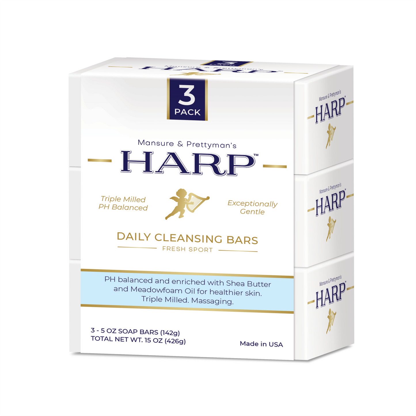 HARP pH-Balanced Body Wash Bar - Exceptionally Gentle For Dry or Sensitive Skin + Shea Butter-Borage oil- Meadowfoam | Non-Comedogenic | Soap-Free, Lye-Free. FRESH SPORT FRAGRANCE. 5oz