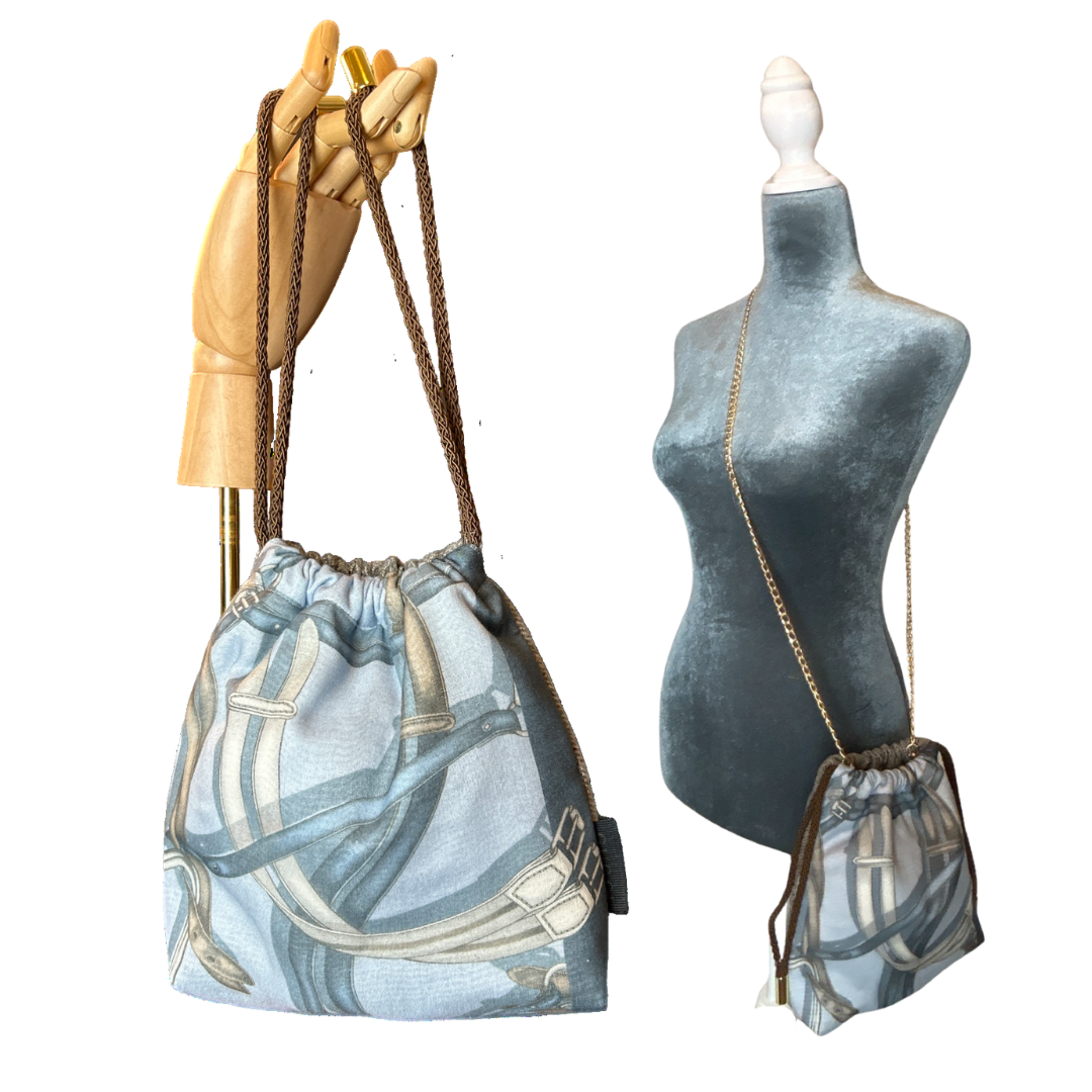Equestrian Gray Vintage Scarf Drawstring Crossbody Bag