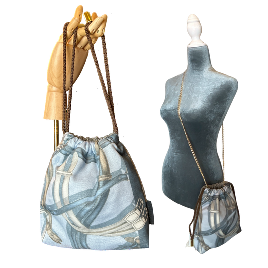 Equestrian Gray Vintage Scarf Drawstring Crossbody Bag