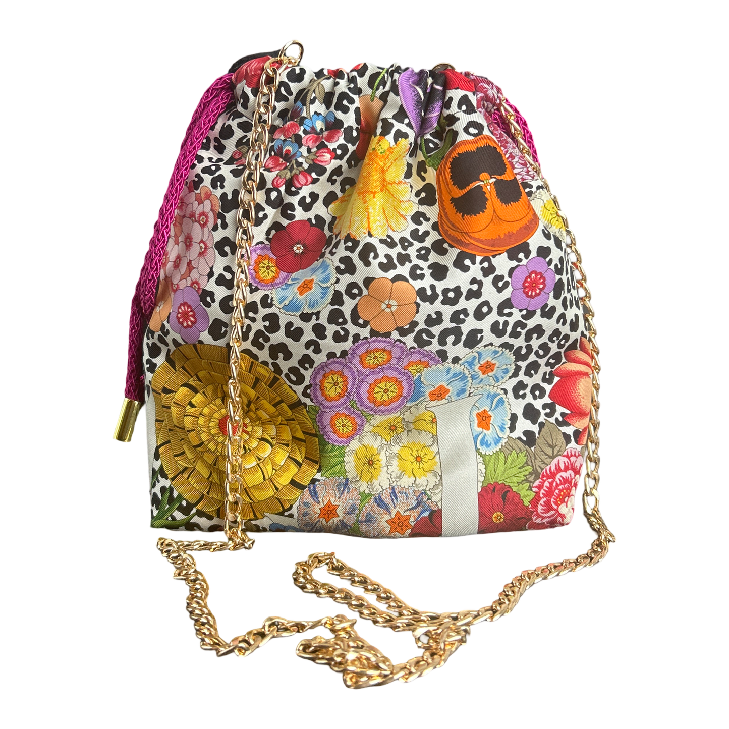 Floral Leopard Vintage Scarf Drawstring Crossbody Bag