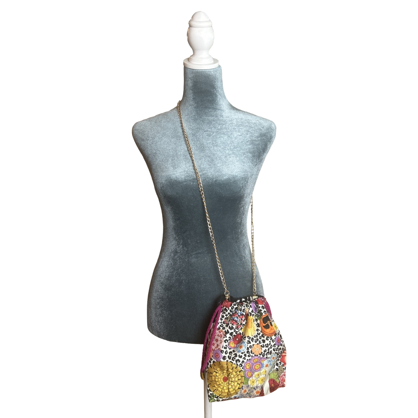 Floral Leopard Vintage Scarf Drawstring Crossbody Bag