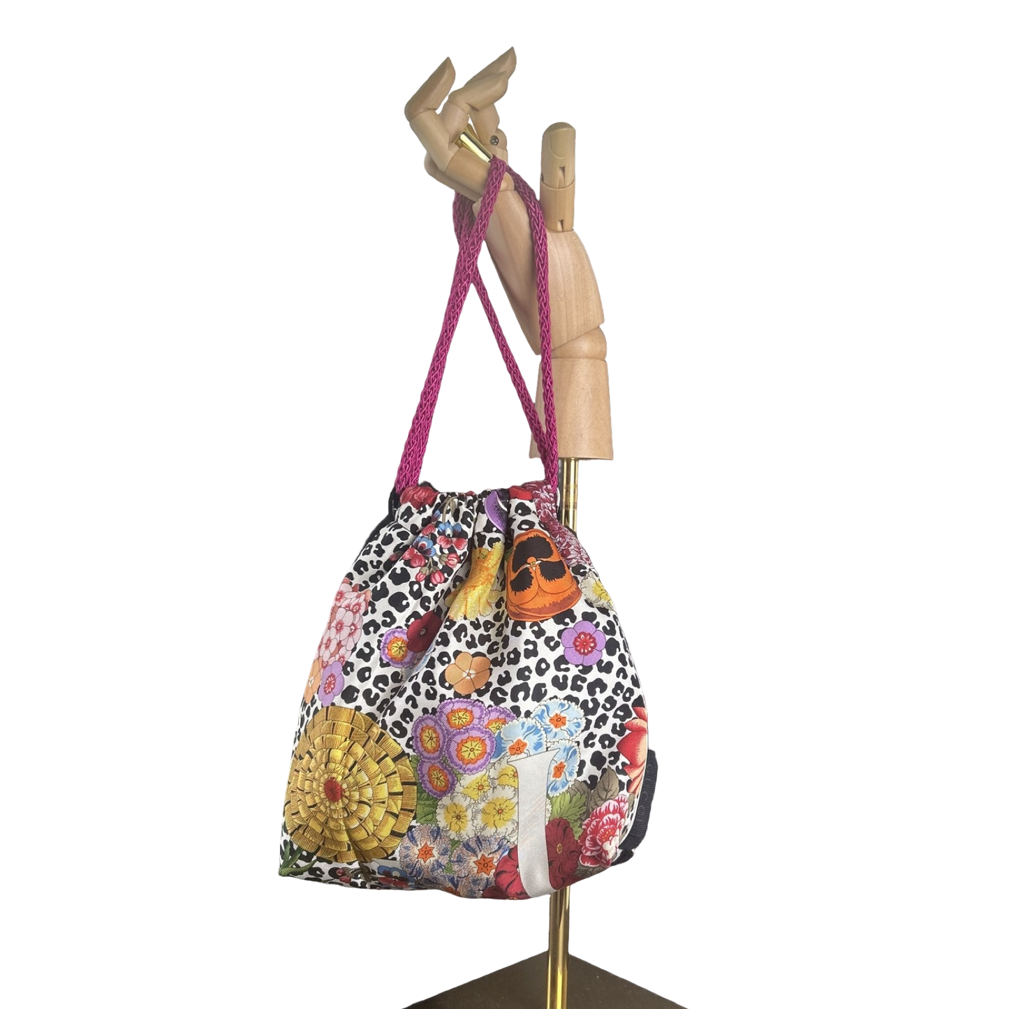 Floral Leopard Vintage Scarf Drawstring Crossbody Bag