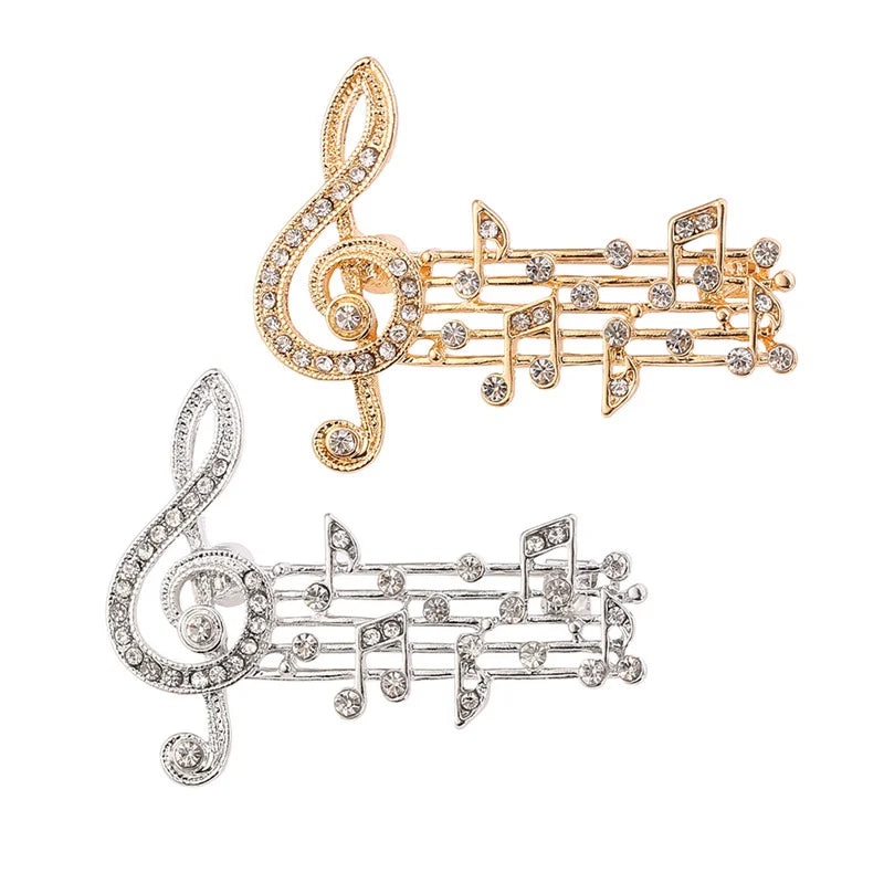 Fashion Music Note Brooch Pins Gold Silver Enamel Crystal Badge Accessories