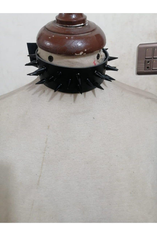 Black Faux Leather & Black Metallic Spike Choker