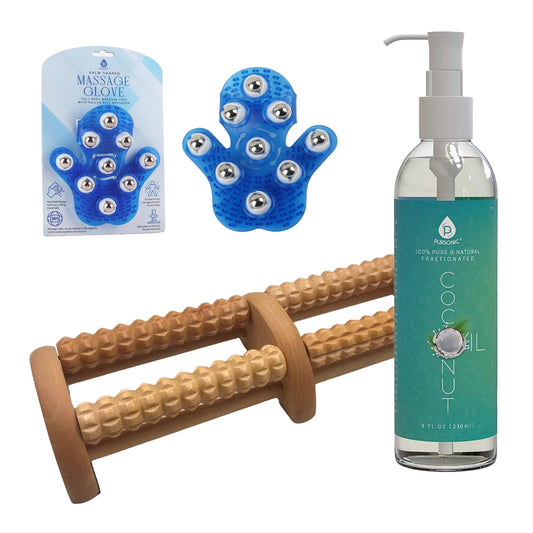 Pursonic Relaxation Gift Bundle: Palm Shaped Massage Glove, Wooden Foot Massager, and Fractionated Coconut Oil - Concordia Style Boutique