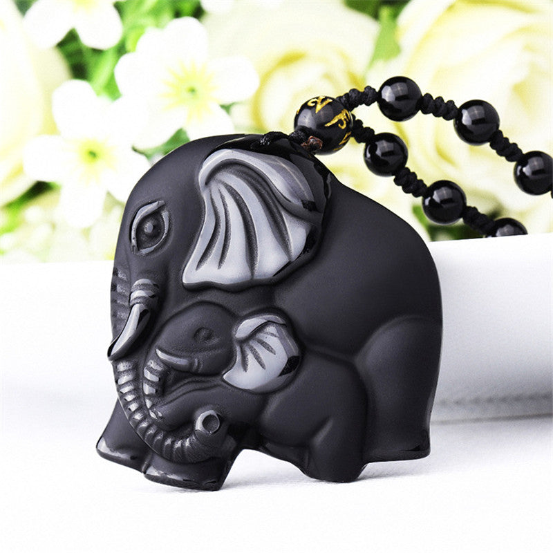 Obsidian Carved Mother & Baby Elephant Necklace