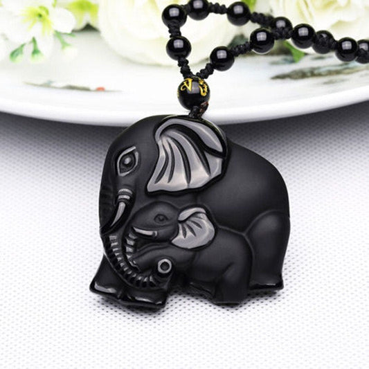Obsidian Carved Mother & Baby Elephant Necklace