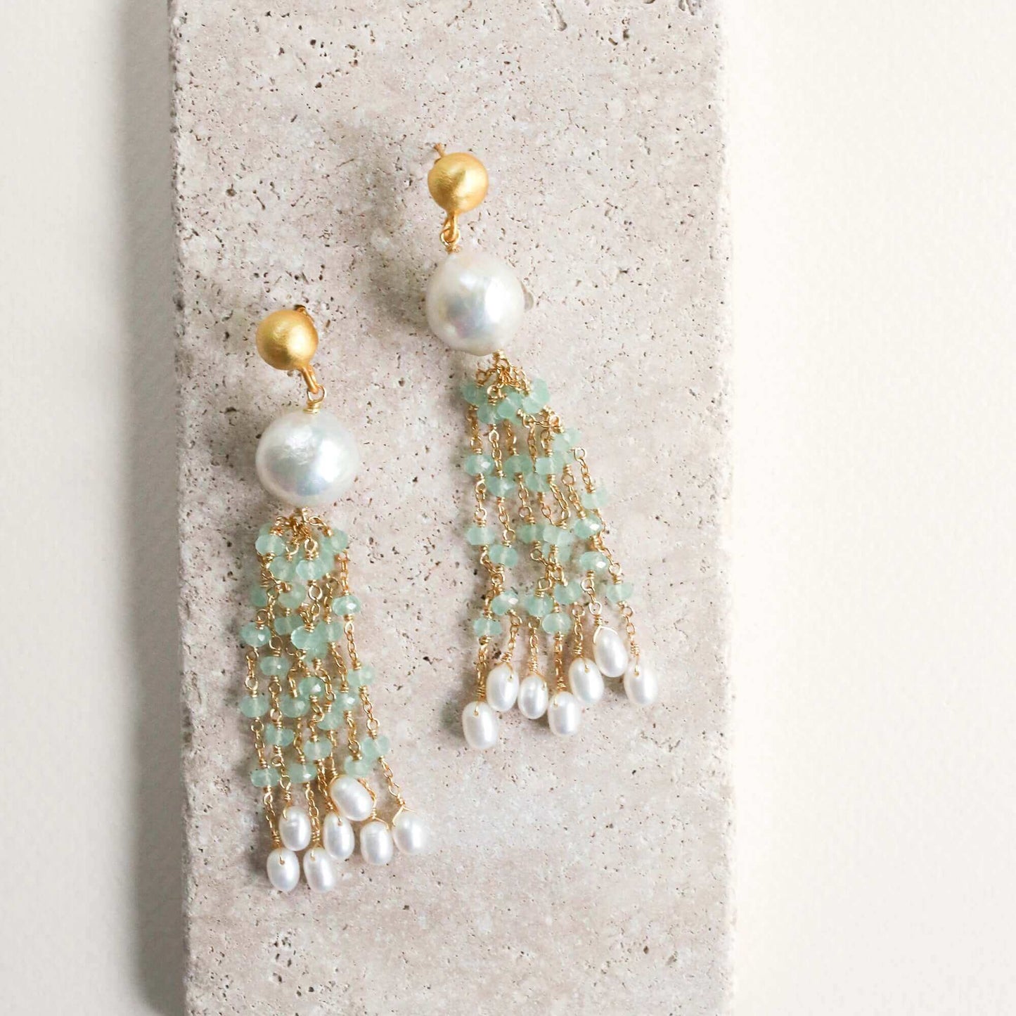 Pearl & Rose Quartz Tassel Earrings