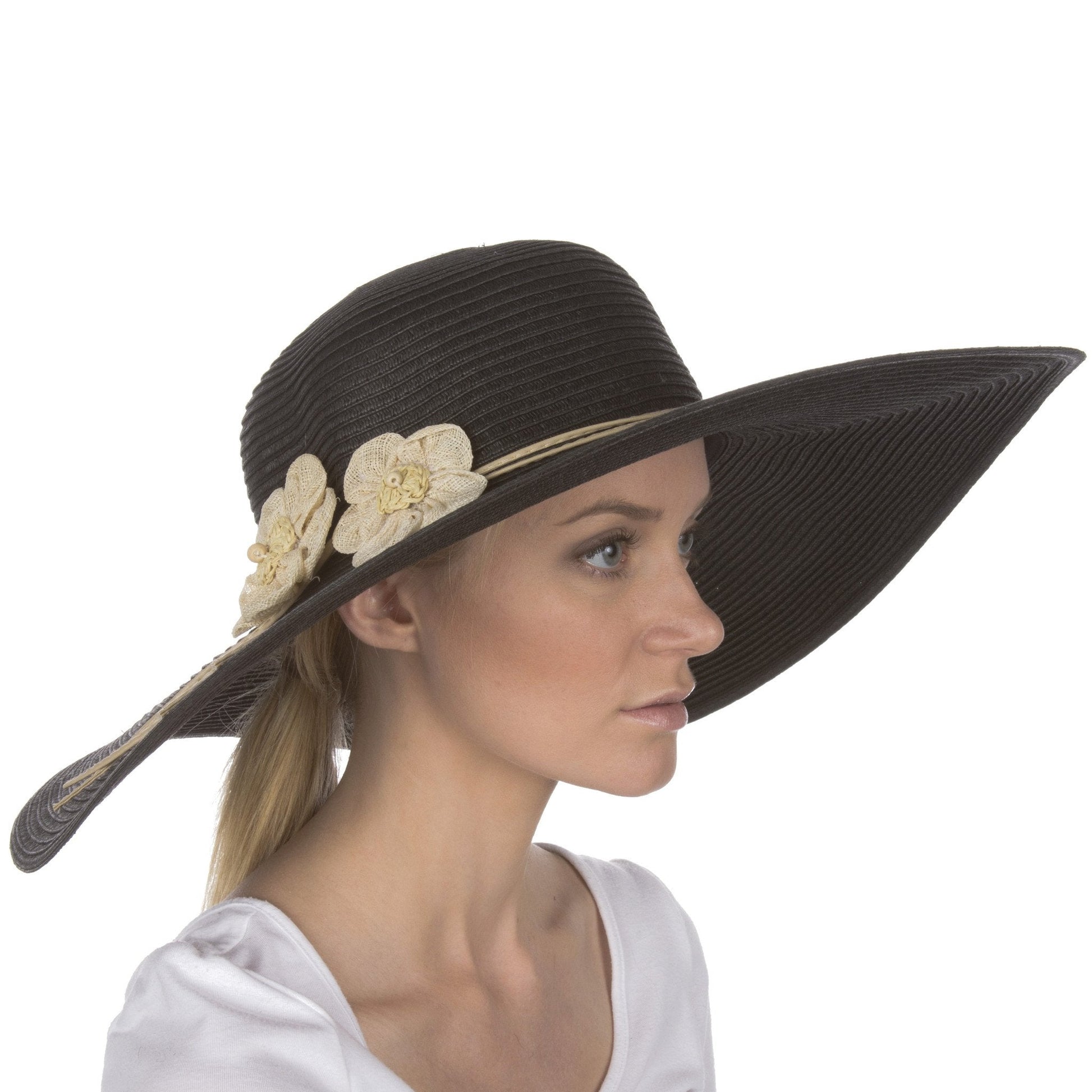 Sakkas Bella UPF 50+ 100% Paper Straw Flower Accent Wide Brim Floppy Hat - Concordia Style Boutique