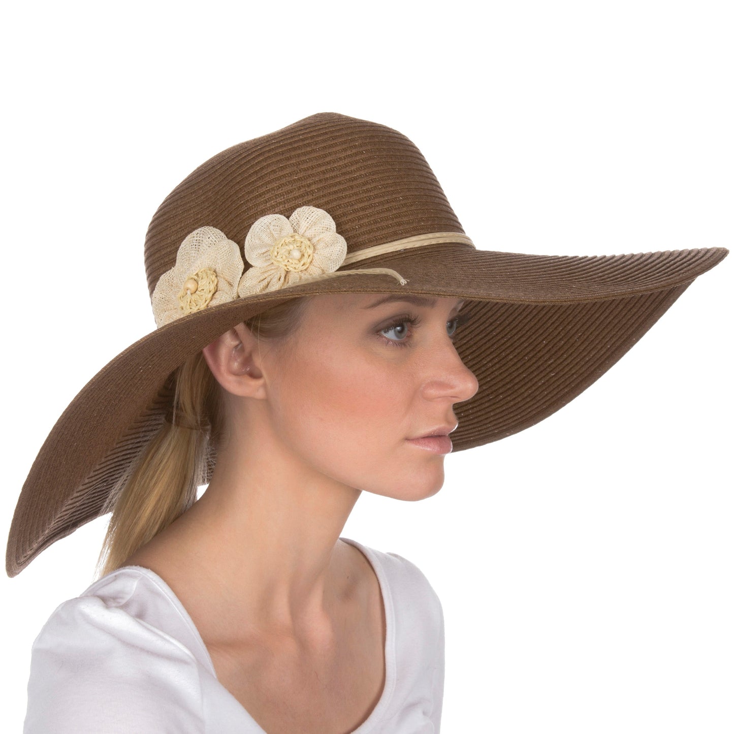 Sakkas Bella UPF 50+ 100% Paper Straw Flower Accent Wide Brim Floppy Hat - Concordia Style Boutique