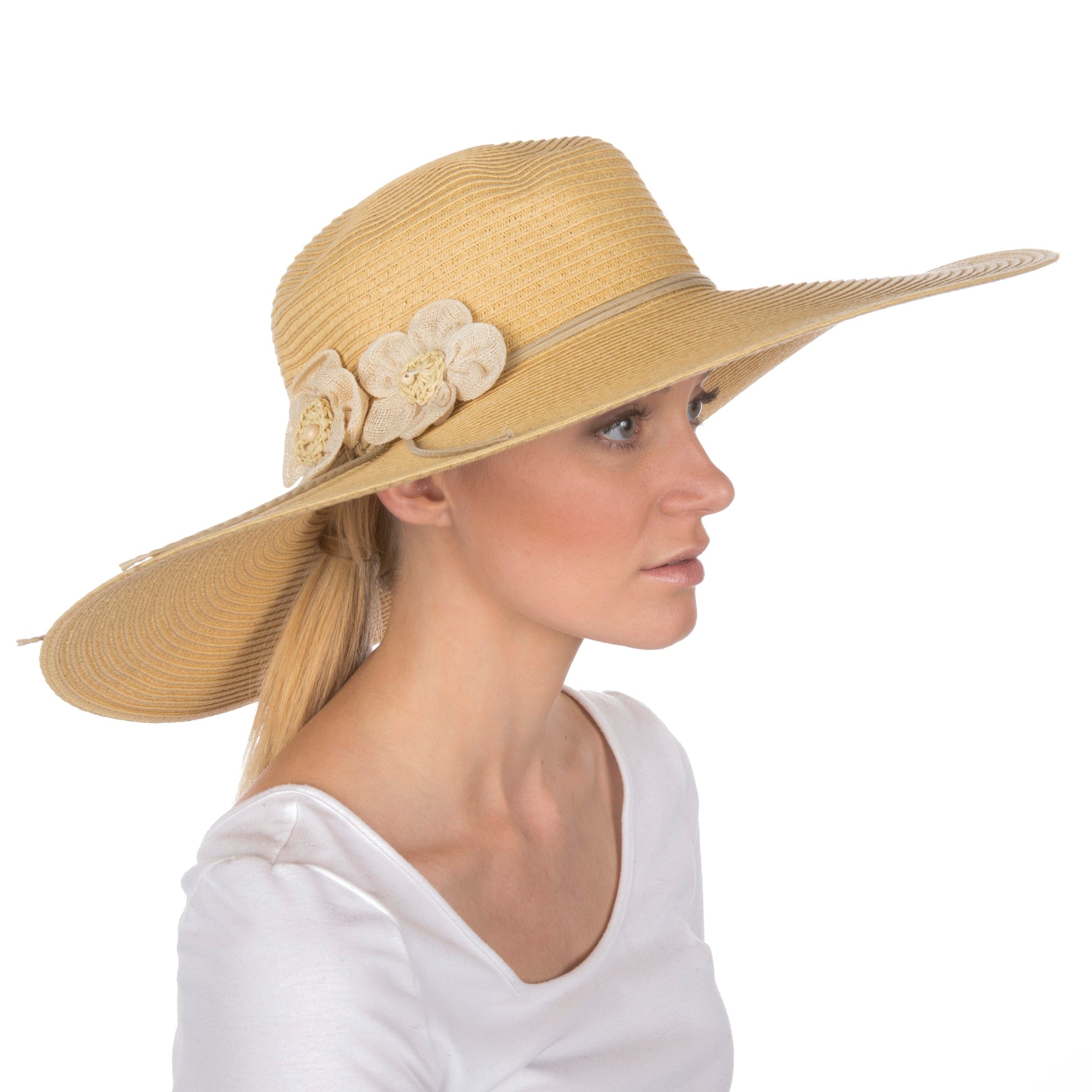 Sakkas Bella UPF 50+ 100% Paper Straw Flower Accent Wide Brim Floppy Hat - Concordia Style Boutique
