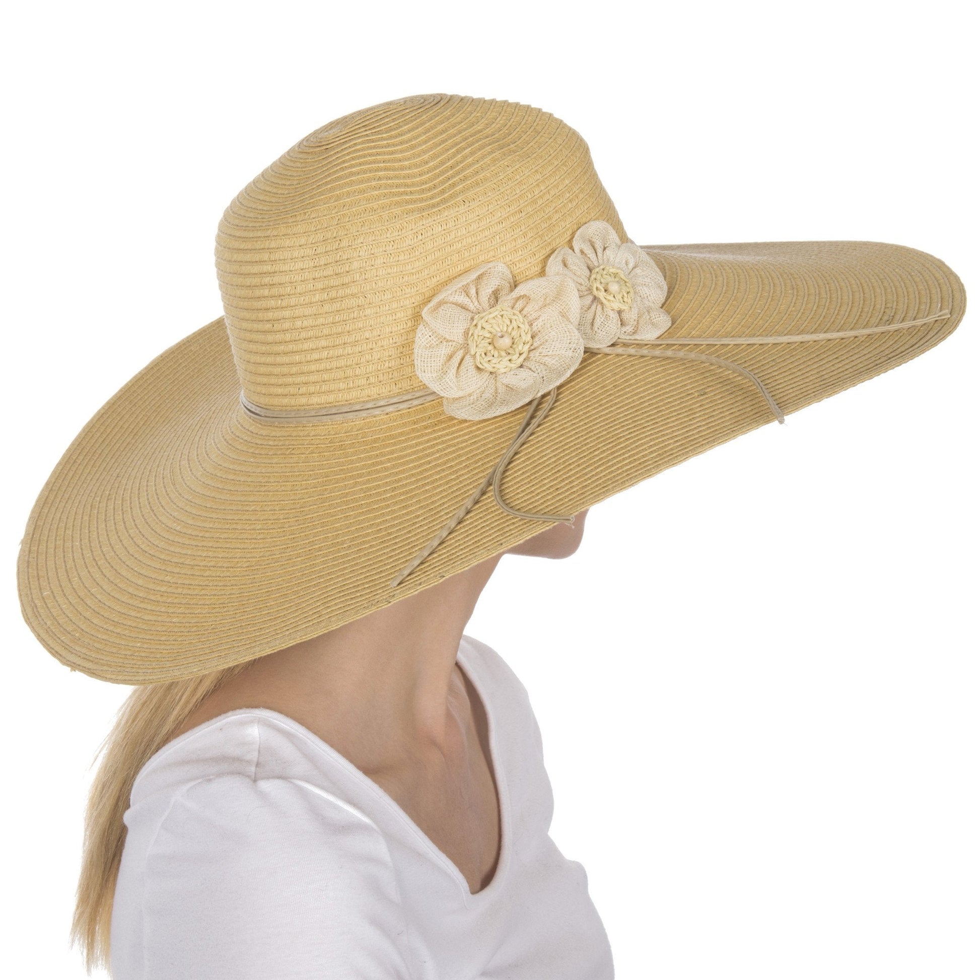 Sakkas Bella UPF 50+ 100% Paper Straw Flower Accent Wide Brim Floppy Hat - Concordia Style Boutique