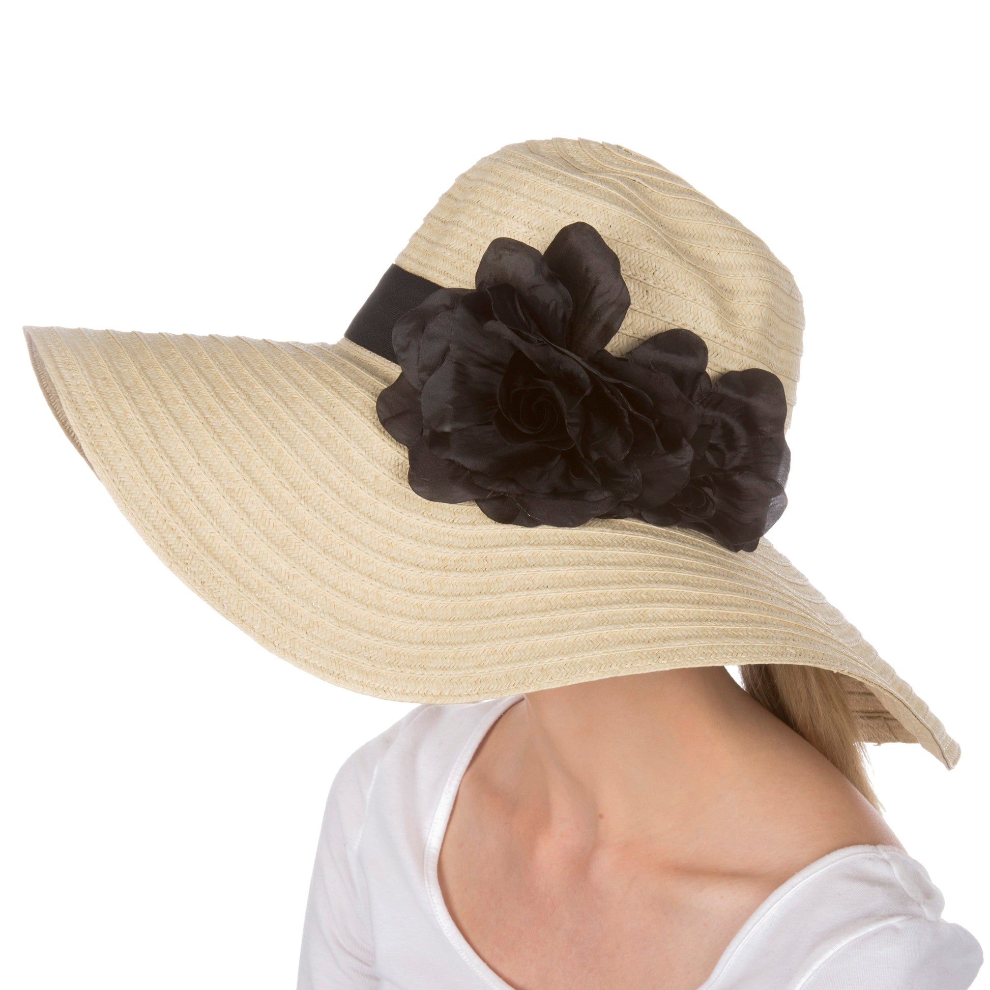 Sakkas Daisy UPF 50+ 100% Paper Straw Flower Accent Wide Brim Floppy Hat - Concordia Style Boutique
