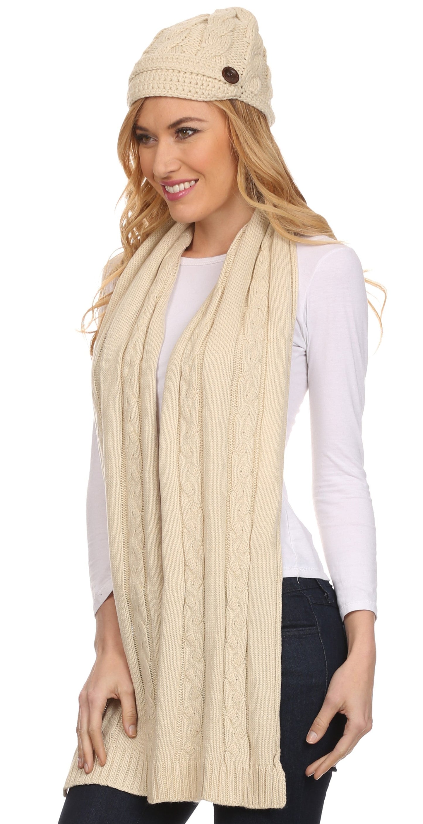 Sakkas Womens 2-piece Cable Knitted Visor Beanie Scarf and Hat Set with Button - Concordia Style Boutique