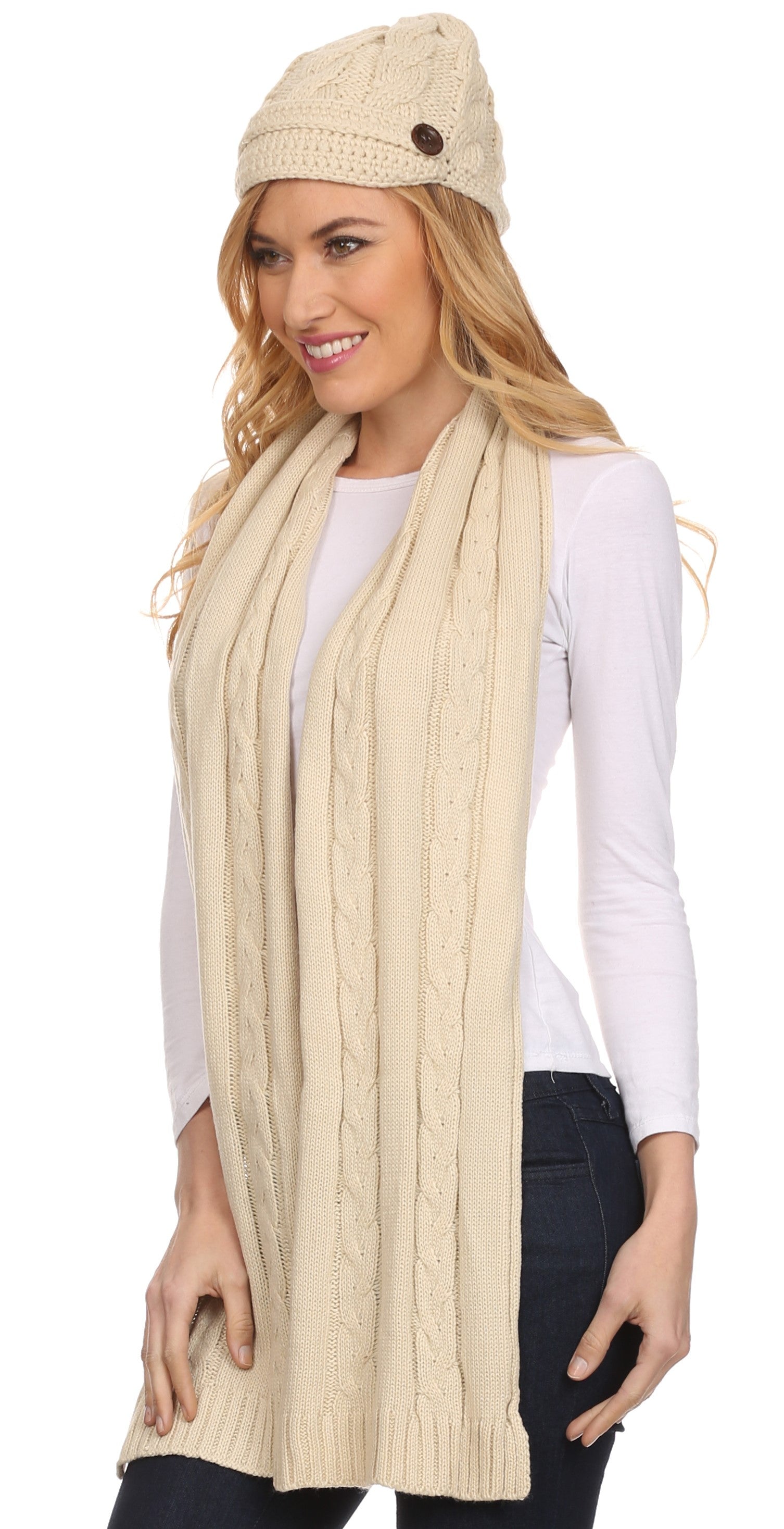 Sakkas Womens 2-piece Cable Knitted Visor Beanie Scarf and Hat Set with Button - Concordia Style Boutique