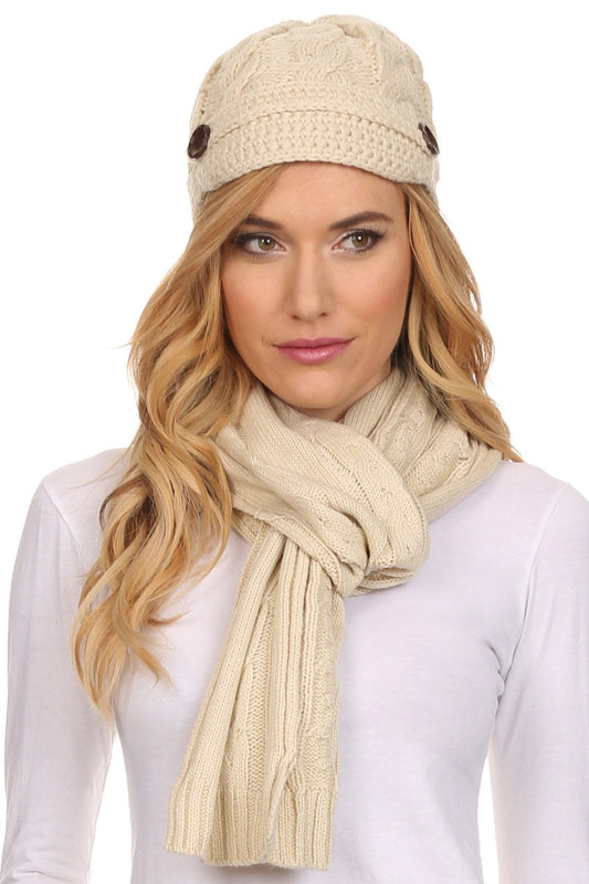 Sakkas Womens 2-piece Cable Knitted Visor Beanie Scarf and Hat Set with Button - Concordia Style Boutique