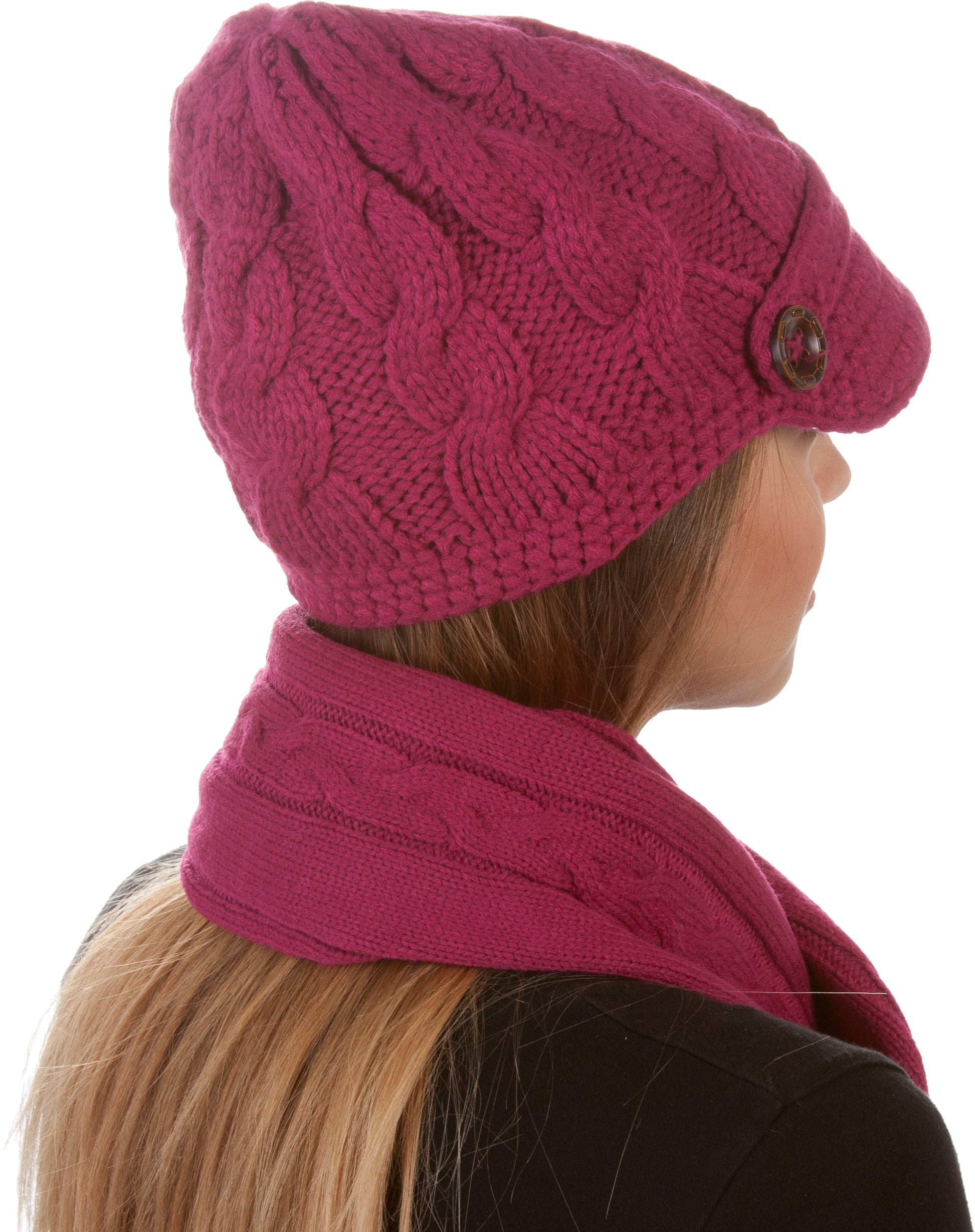 Sakkas Womens 2-piece Cable Knitted Visor Beanie Scarf and Hat Set with Button - Concordia Style Boutique