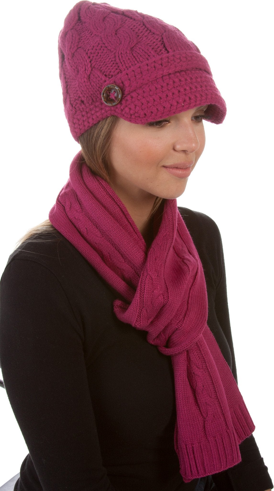 Sakkas Womens 2-piece Cable Knitted Visor Beanie Scarf and Hat Set with Button - Concordia Style Boutique