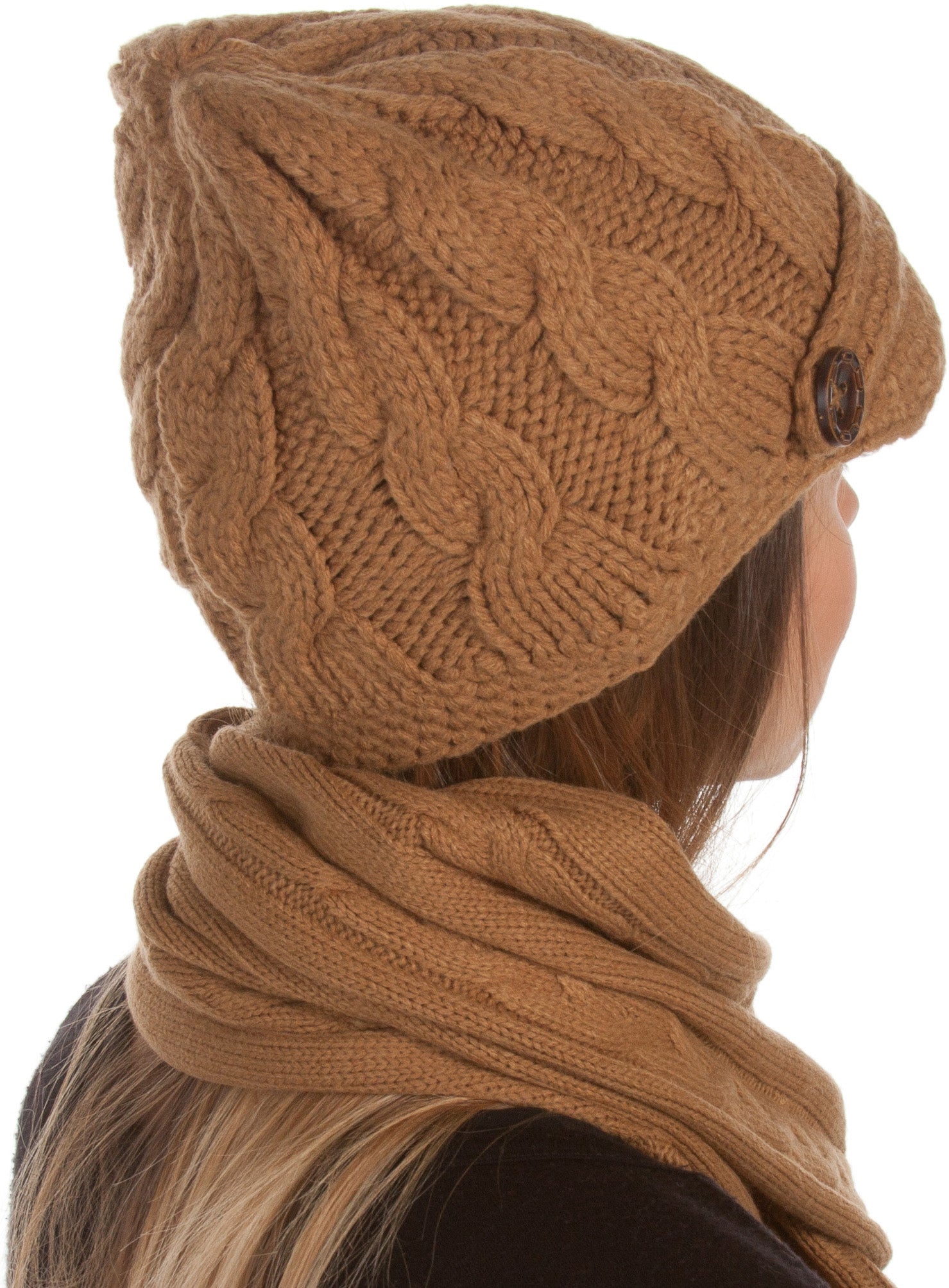 Sakkas Womens 2-piece Cable Knitted Visor Beanie Scarf and Hat Set with Button - Concordia Style Boutique