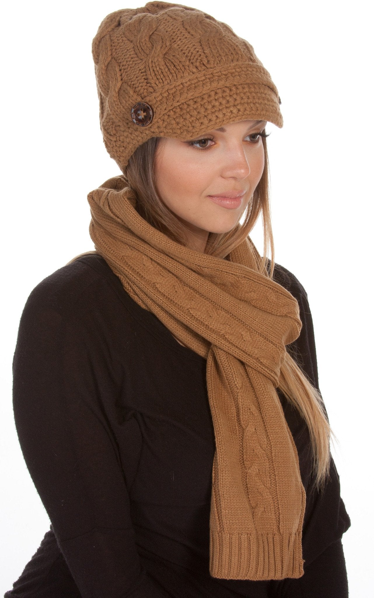 Sakkas Womens 2-piece Cable Knitted Visor Beanie Scarf and Hat Set with Button - Concordia Style Boutique
