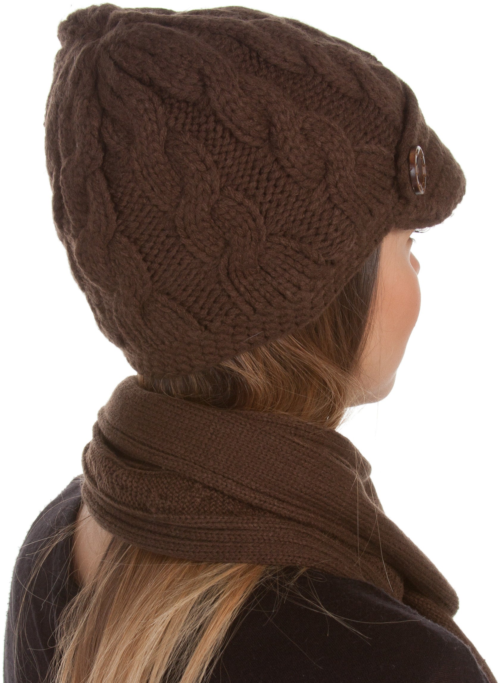 Sakkas Womens 2-piece Cable Knitted Visor Beanie Scarf and Hat Set with Button - Concordia Style Boutique