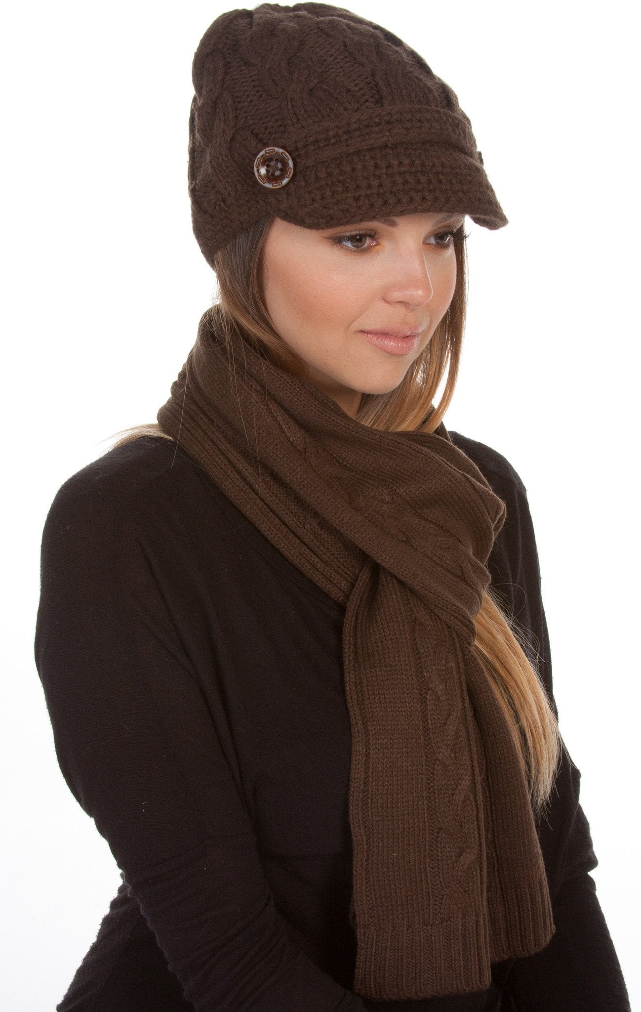Sakkas Womens 2-piece Cable Knitted Visor Beanie Scarf and Hat Set with Button - Concordia Style Boutique