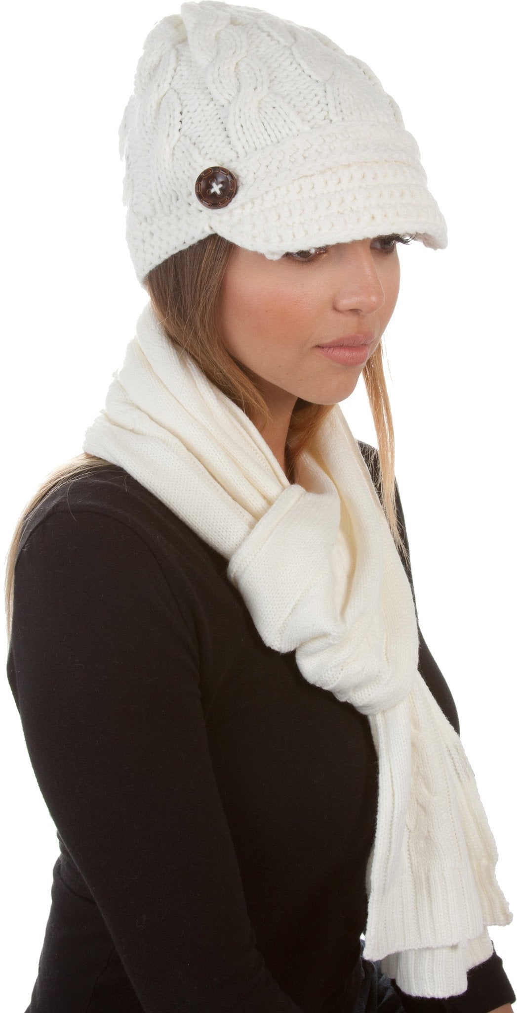 Sakkas Womens 2-piece Cable Knitted Visor Beanie Scarf and Hat Set with Button - Concordia Style Boutique