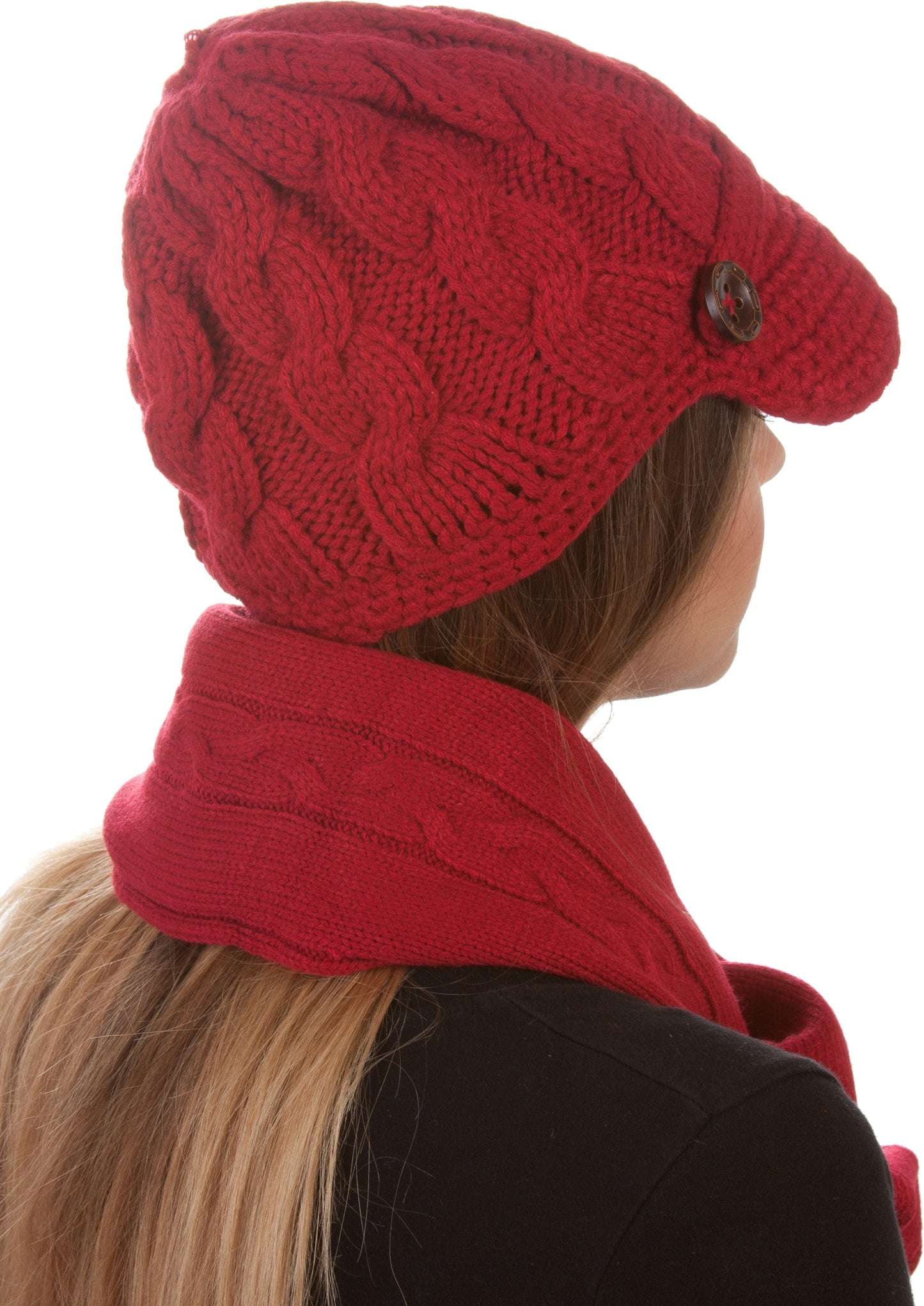 Sakkas Womens 2-piece Cable Knitted Visor Beanie Scarf and Hat Set with Button - Concordia Style Boutique