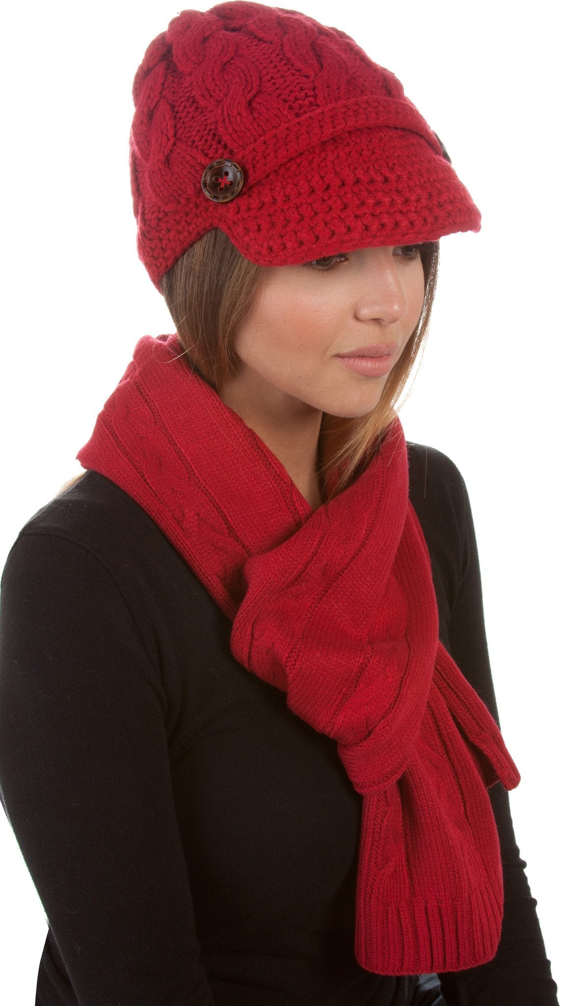 Sakkas Womens 2-piece Cable Knitted Visor Beanie Scarf and Hat Set with Button - Concordia Style Boutique