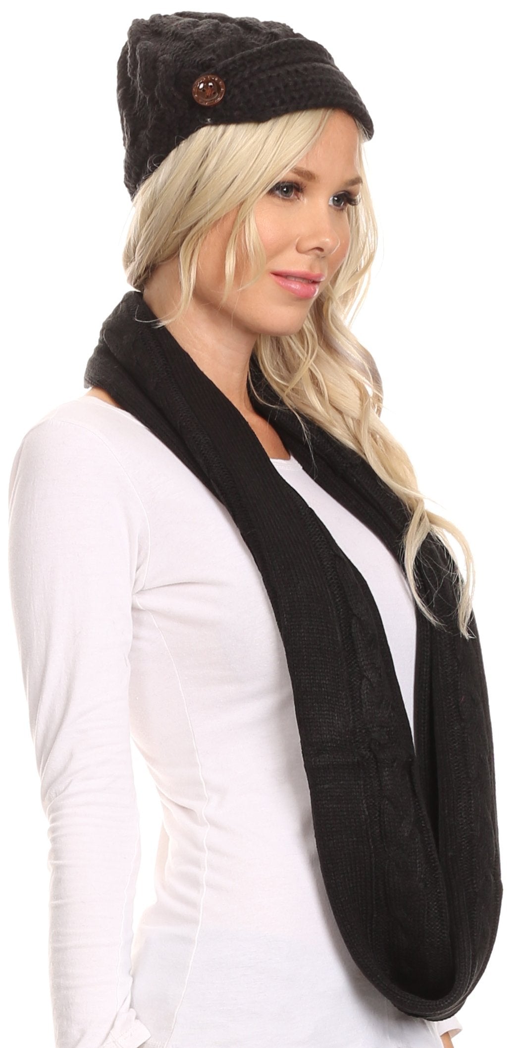 Sakkas Bri Classic Button Cable Knit Beanie Hat And Matching Infinity Scarf Set - Concordia Style Boutique