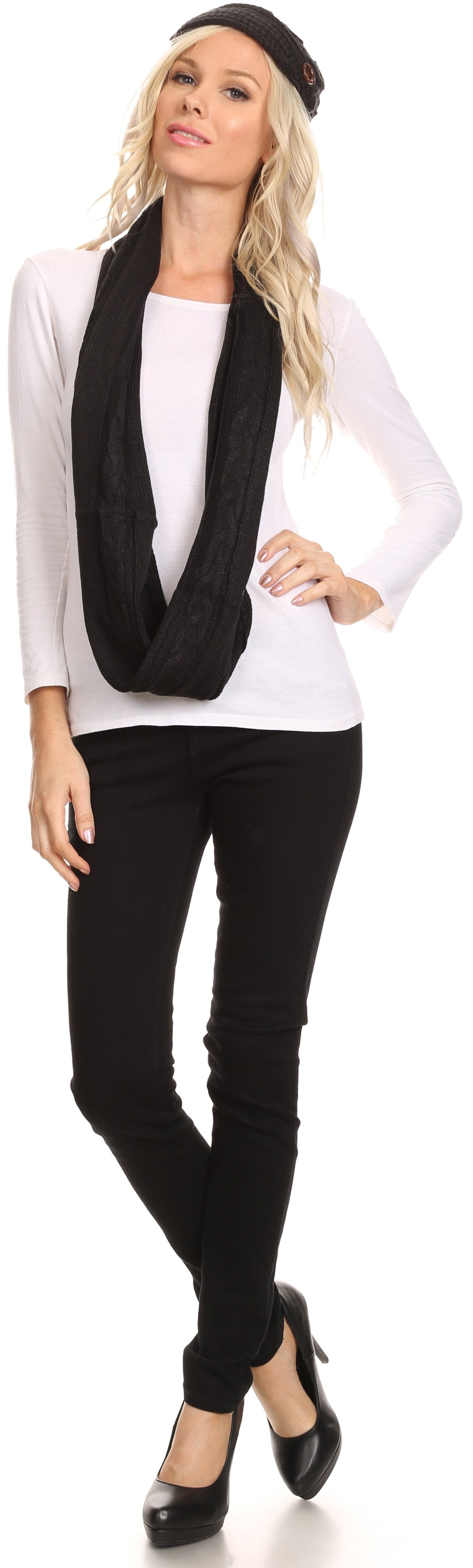 Sakkas Bri Classic Button Cable Knit Beanie Hat And Matching Infinity Scarf Set - Concordia Style Boutique