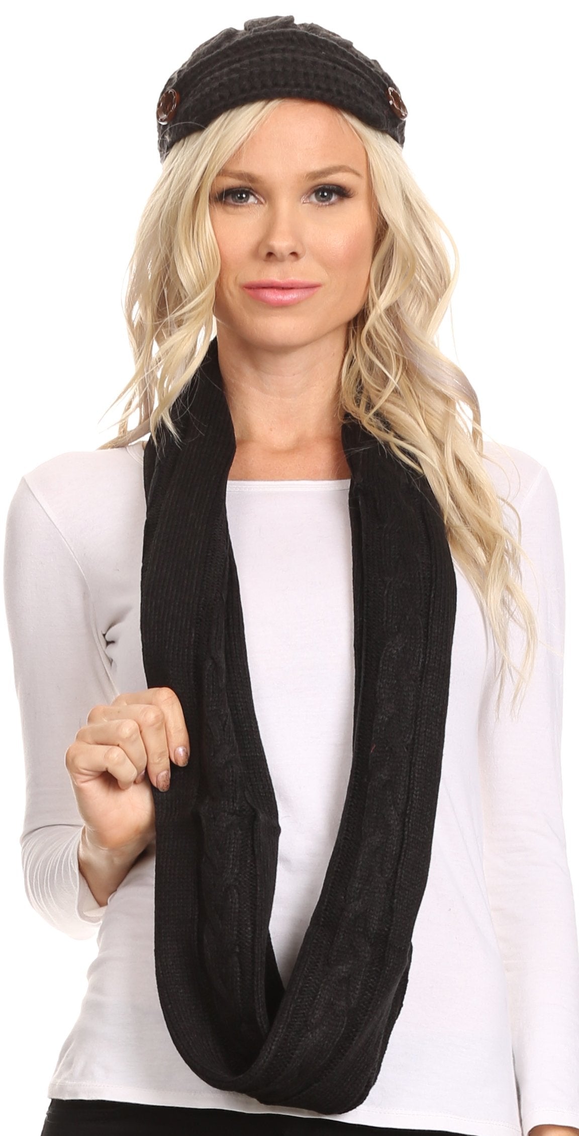 Sakkas Bri Classic Button Cable Knit Beanie Hat And Matching Infinity Scarf Set - Concordia Style Boutique