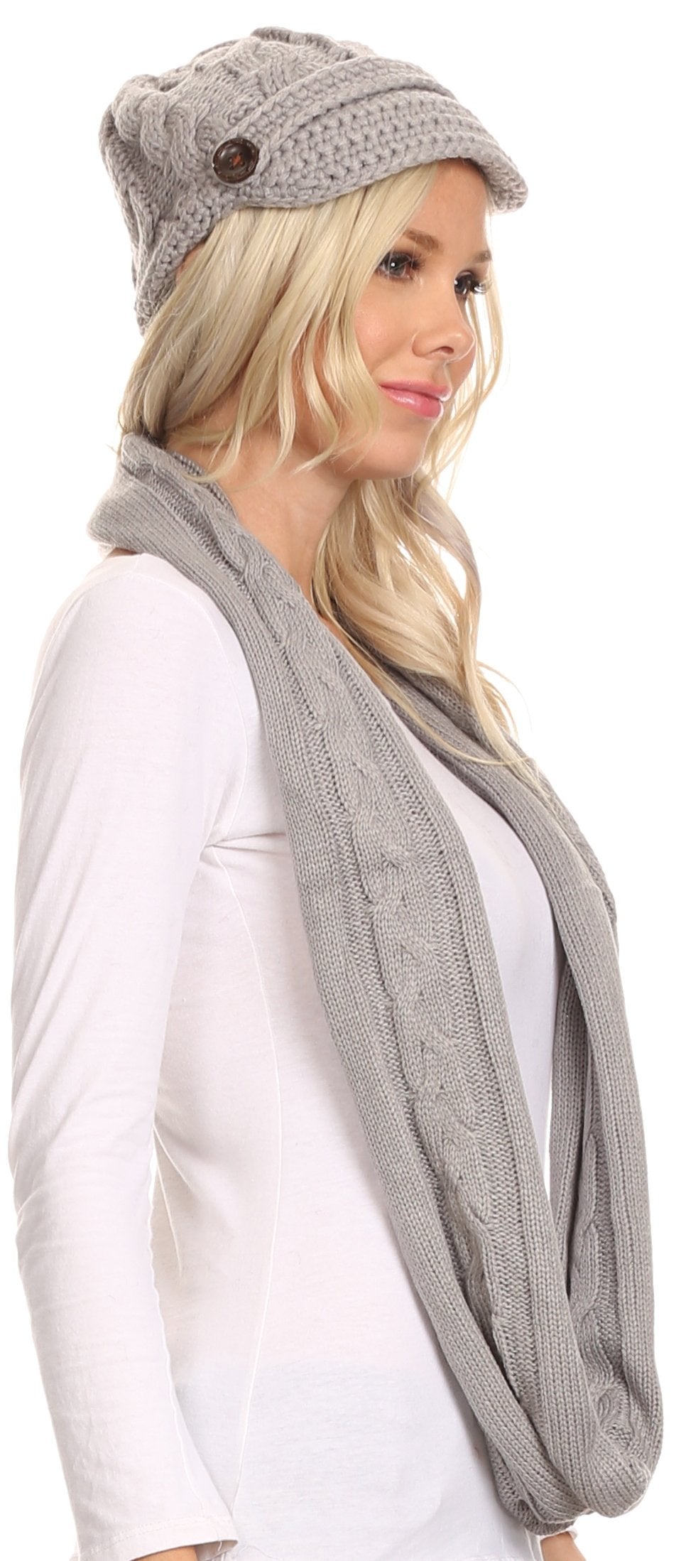 Sakkas Bri Classic Button Cable Knit Beanie Hat And Matching Infinity Scarf Set - Concordia Style Boutique