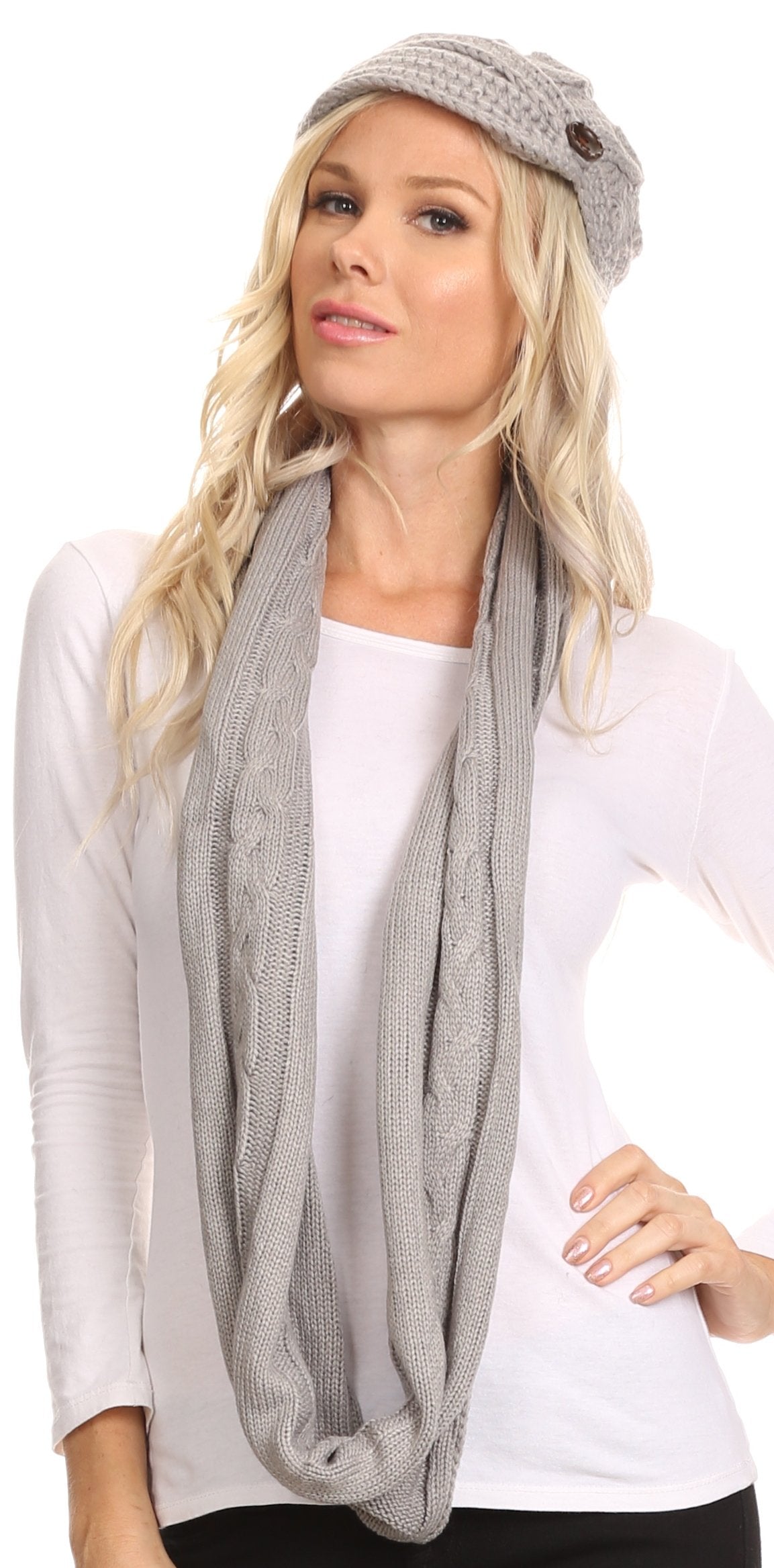 Sakkas Bri Classic Button Cable Knit Beanie Hat And Matching Infinity Scarf Set - Concordia Style Boutique