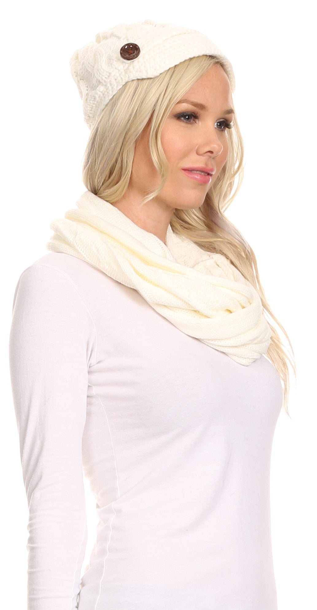 Sakkas Bri Classic Button Cable Knit Beanie Hat And Matching Infinity Scarf Set - Concordia Style Boutique