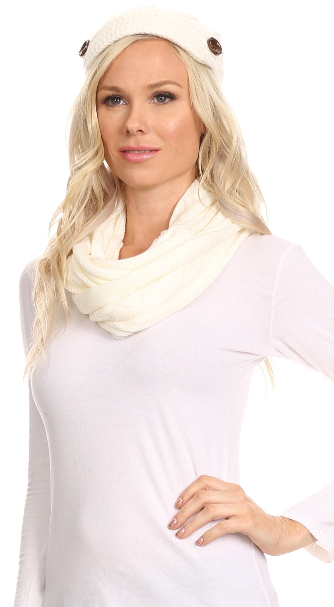 Sakkas Bri Classic Button Cable Knit Beanie Hat And Matching Infinity Scarf Set - Concordia Style Boutique