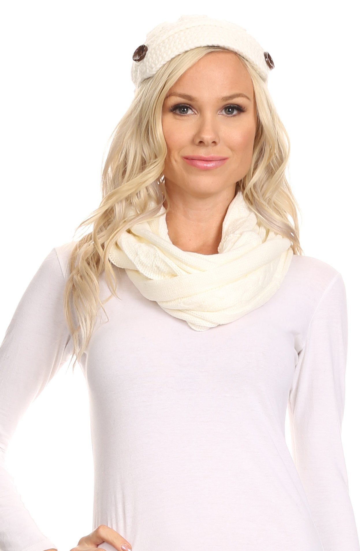 Sakkas Bri Classic Button Cable Knit Beanie Hat And Matching Infinity Scarf Set - Concordia Style Boutique