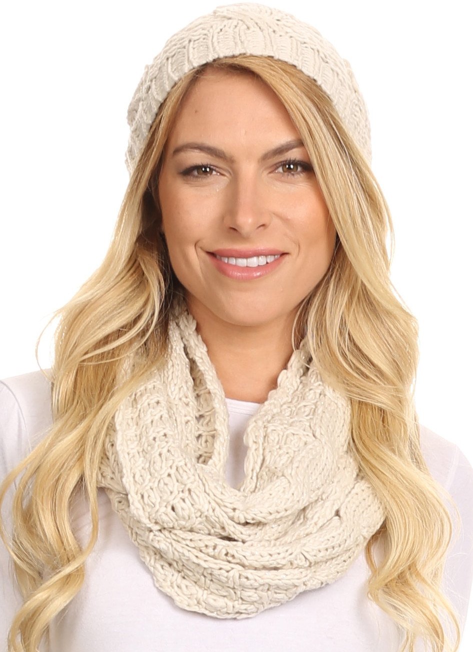 Sakkas Haile Metallic Threaded Woven Classic Hat Beanie And Infinity Scarf Set - Concordia Style Boutique