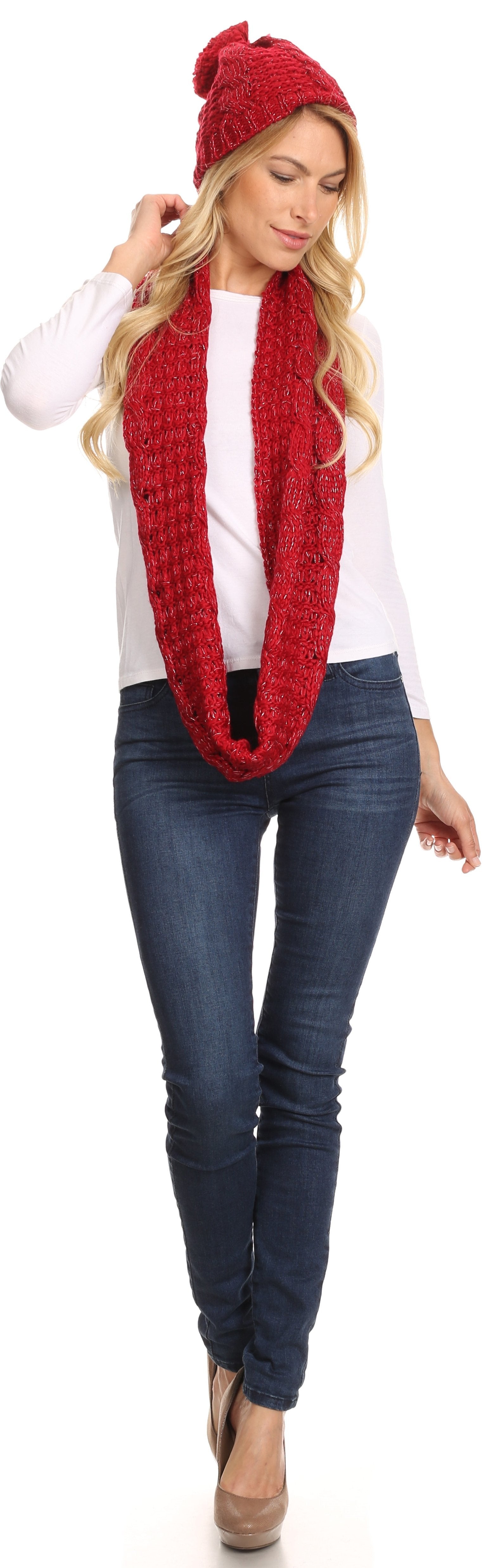 Sakkas Haile Metallic Threaded Woven Classic Hat Beanie And Infinity Scarf Set - Concordia Style Boutique