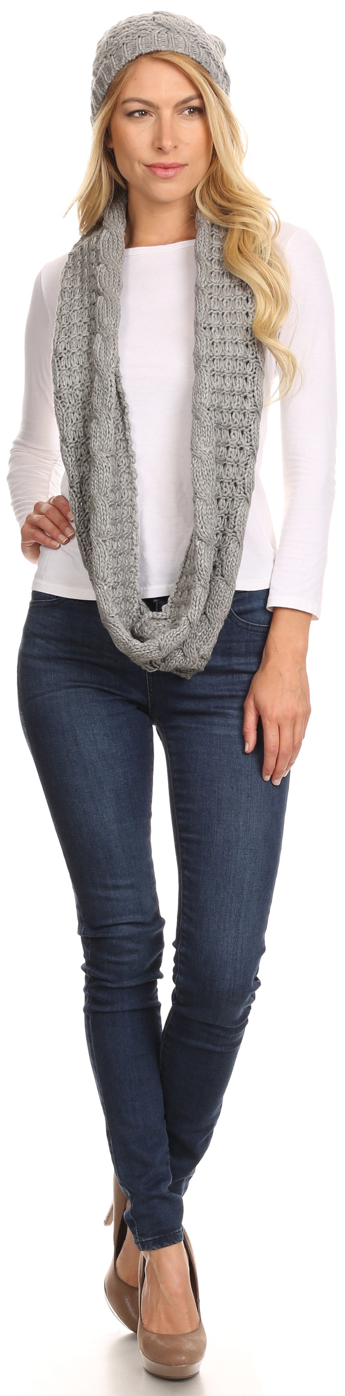 Sakkas Haile Metallic Threaded Woven Classic Hat Beanie And Infinity Scarf Set - Concordia Style Boutique