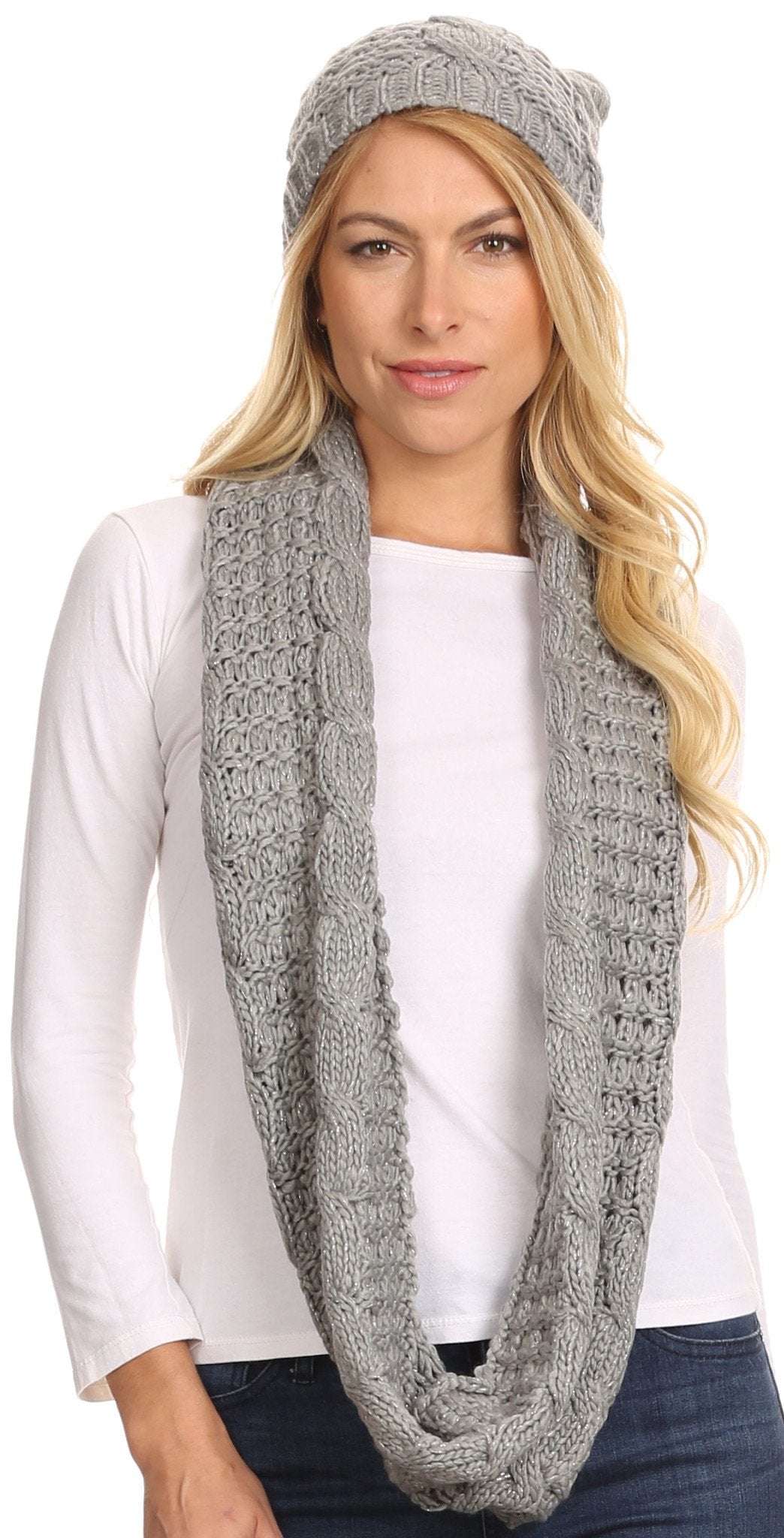 Sakkas Haile Metallic Threaded Woven Classic Hat Beanie And Infinity Scarf Set - Concordia Style Boutique