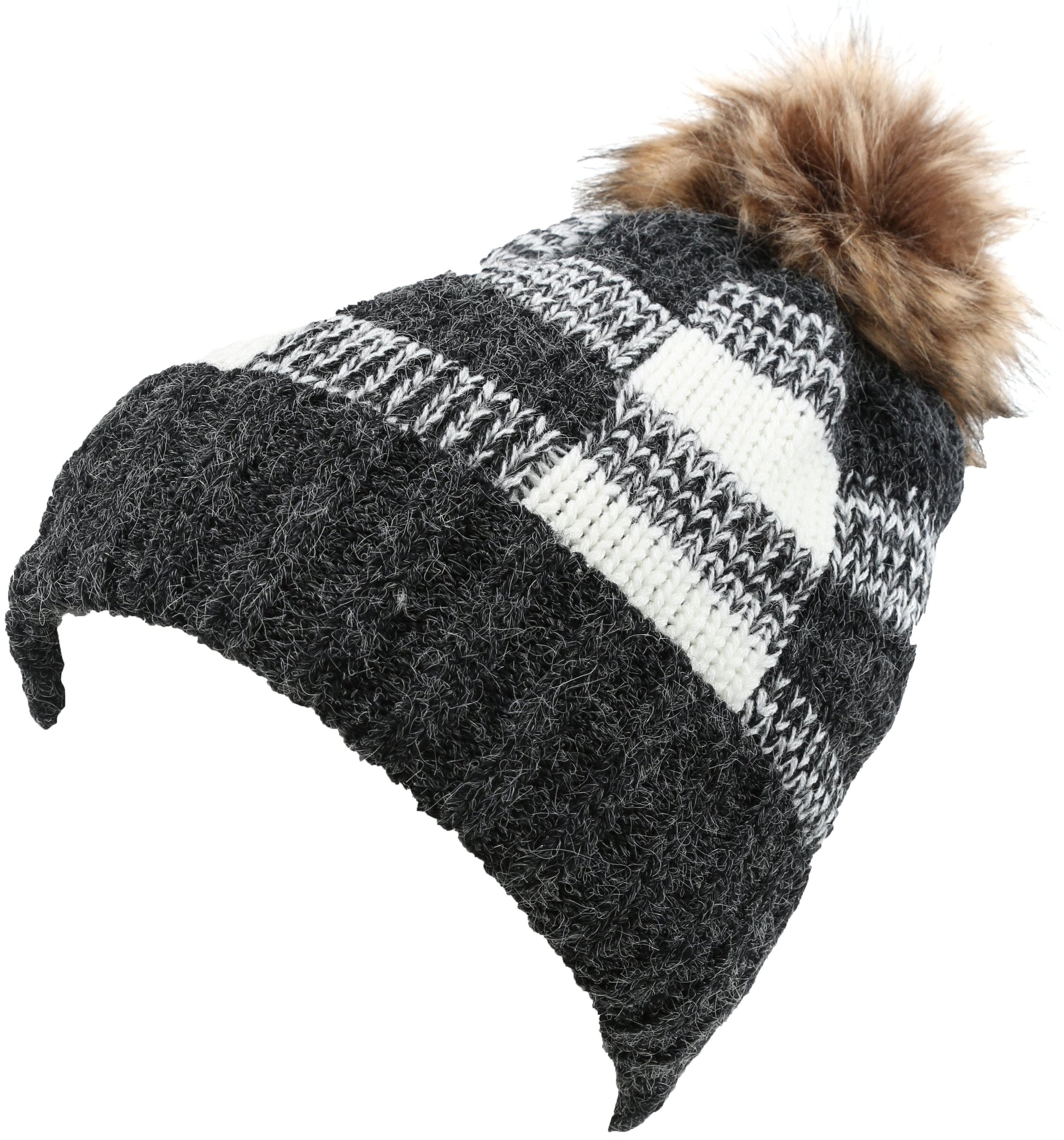 Sakkas Baya Long Tall Checker Pattern Fold Over Faux Fur Pom Pom Unisex Beanie Hat - Concordia Style Boutique