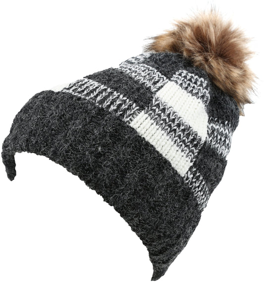 Sakkas Baya Long Tall Checker Pattern Fold Over Faux Fur Pom Pom Unisex Beanie Hat - Concordia Style Boutique