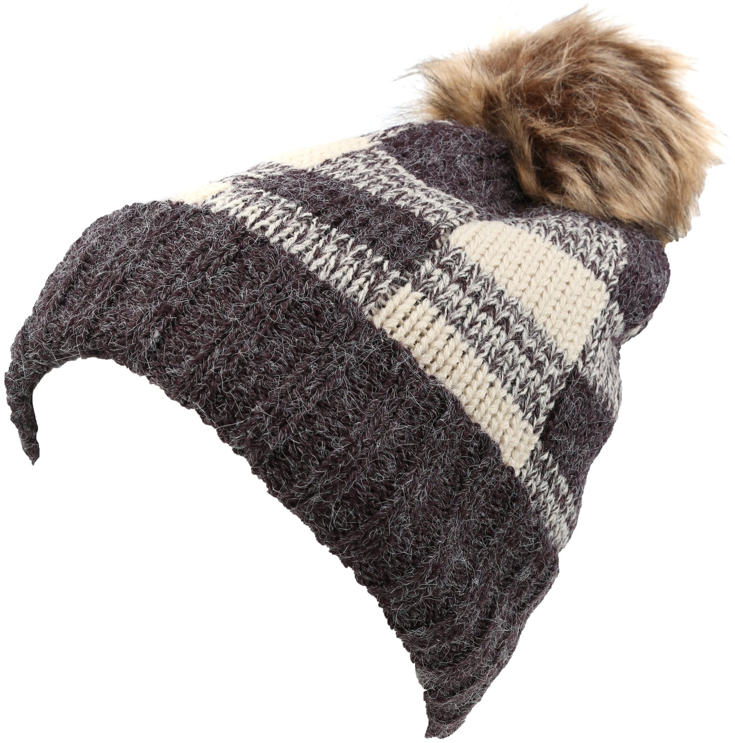 Sakkas Baya Long Tall Checker Pattern Fold Over Faux Fur Pom Pom Unisex Beanie Hat - Concordia Style Boutique