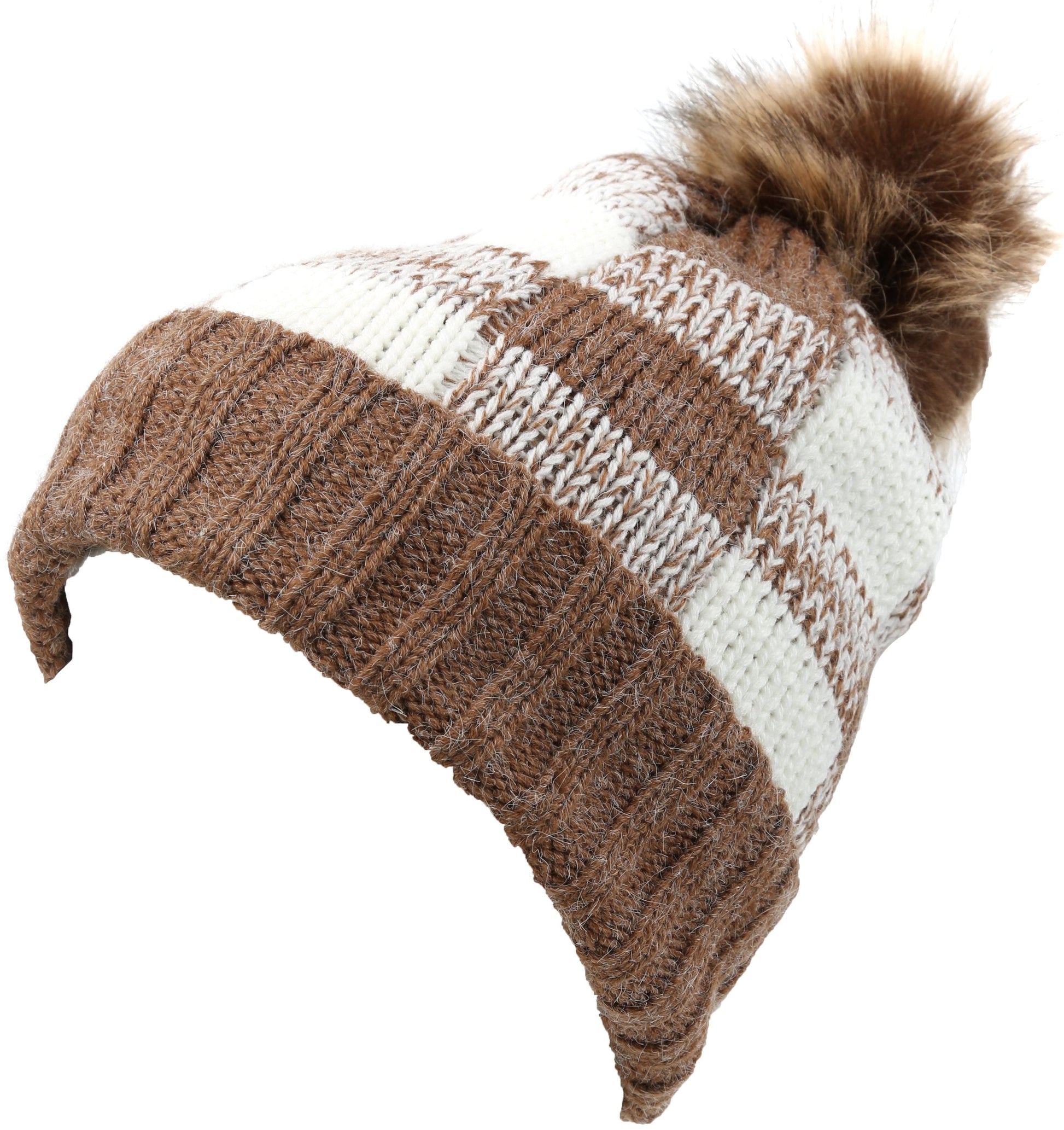 Sakkas Baya Long Tall Checker Pattern Fold Over Faux Fur Pom Pom Unisex Beanie Hat - Concordia Style Boutique